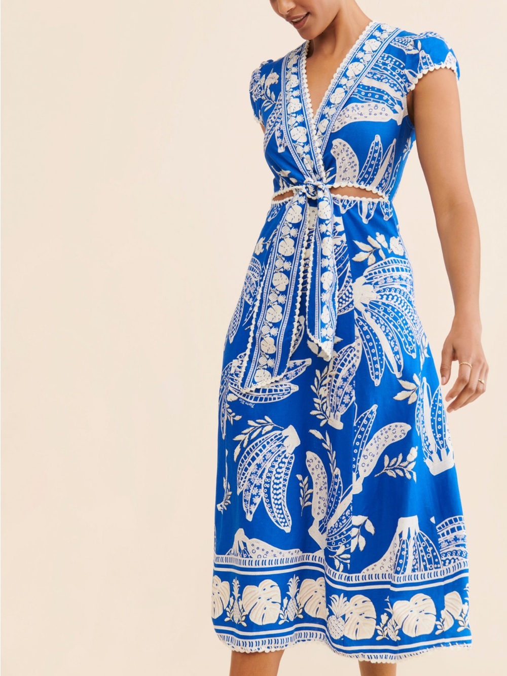 Farm Rio Lace Banana Midi Dress Blue Size Medium Linen Blend Cutout Dress
